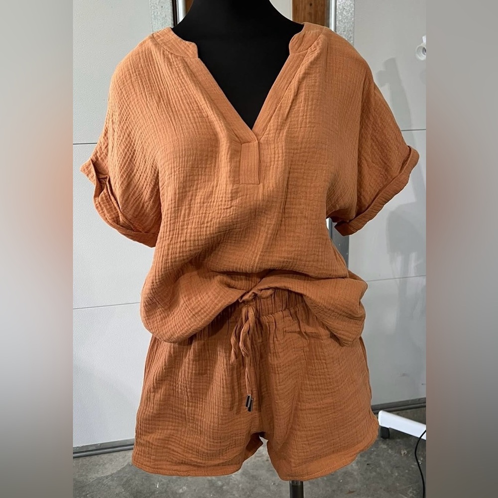 Rust Orange Textured Top and Shorts Set